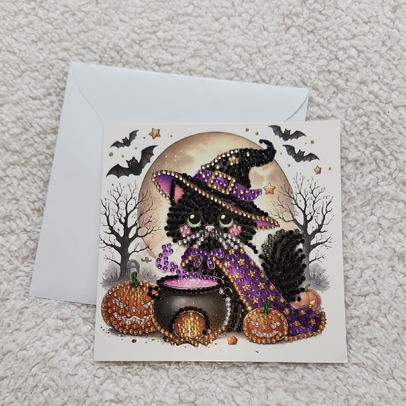 unbranded Other - Halloween Cat Greeting Card with Purple Accents Diamond Painting Art Frameable